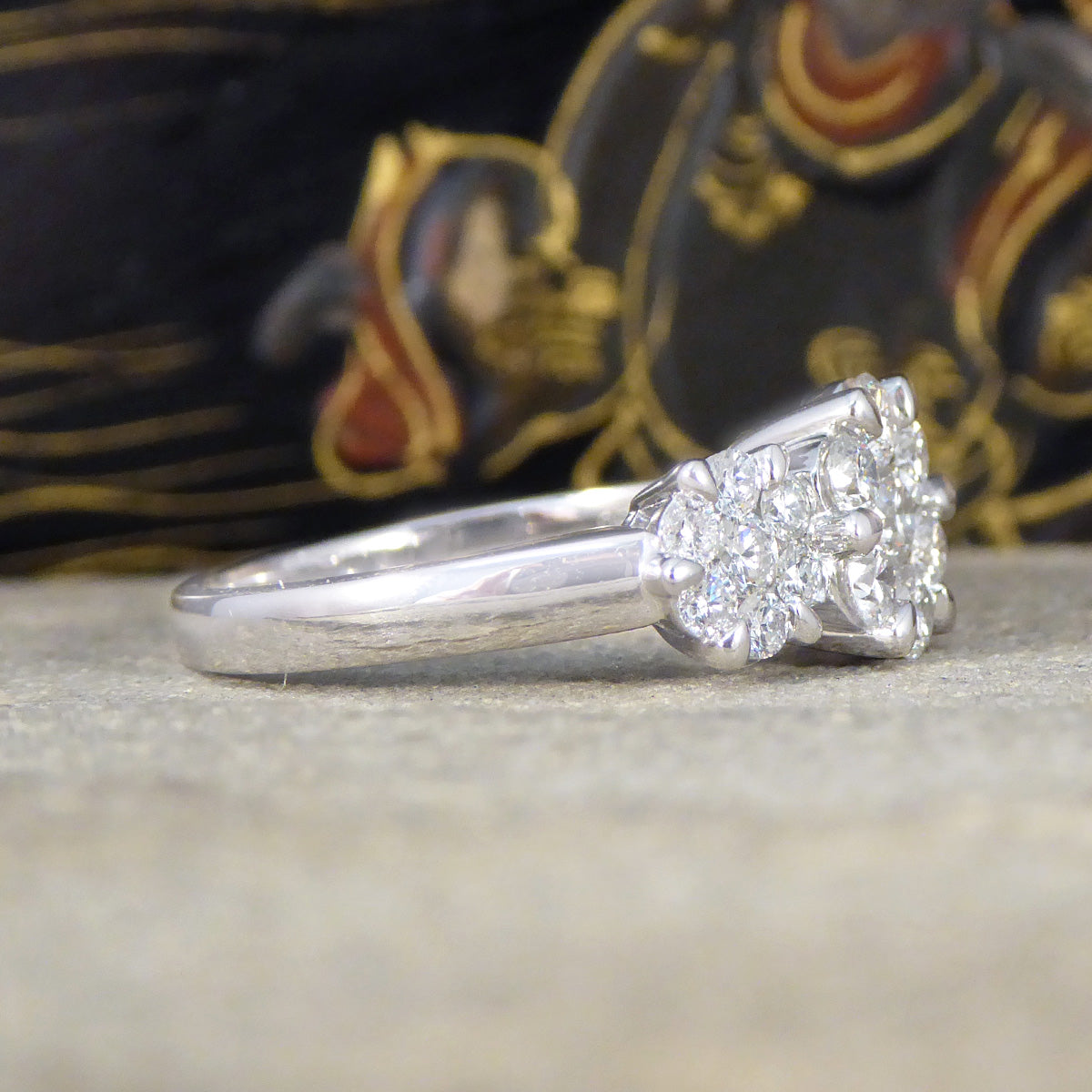 Diamond Triple Daisy Cluster Illusion Three Stone Ring in Platinum