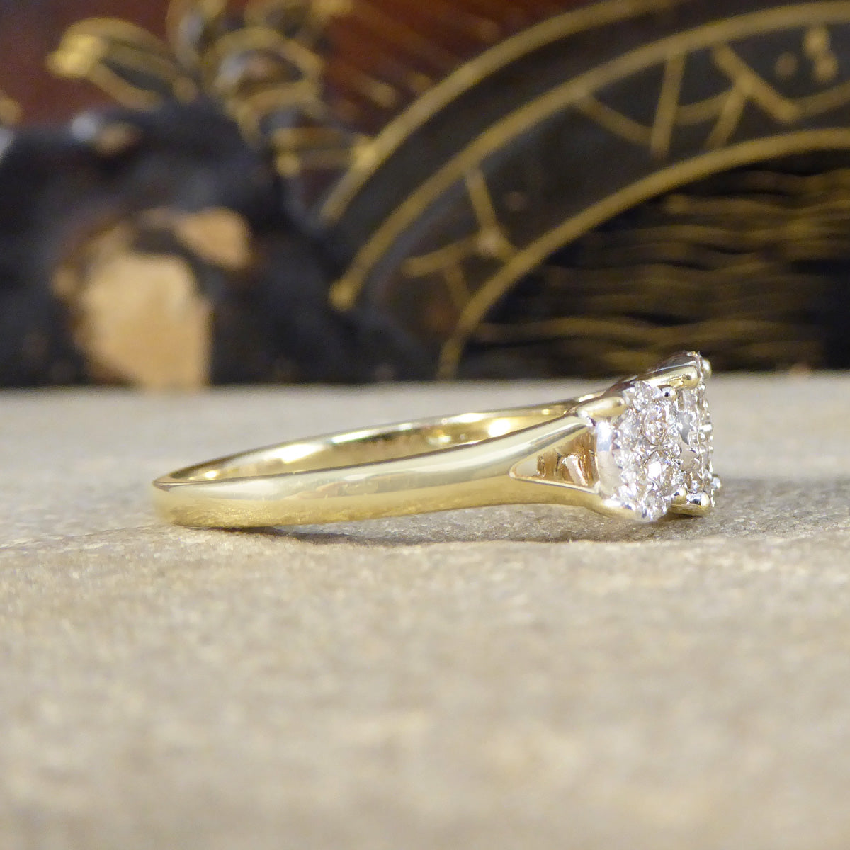 Oval Cut Diamond Three Stone Illusion Cluster Ring in Yellow Gold - Wharfedale Antiques