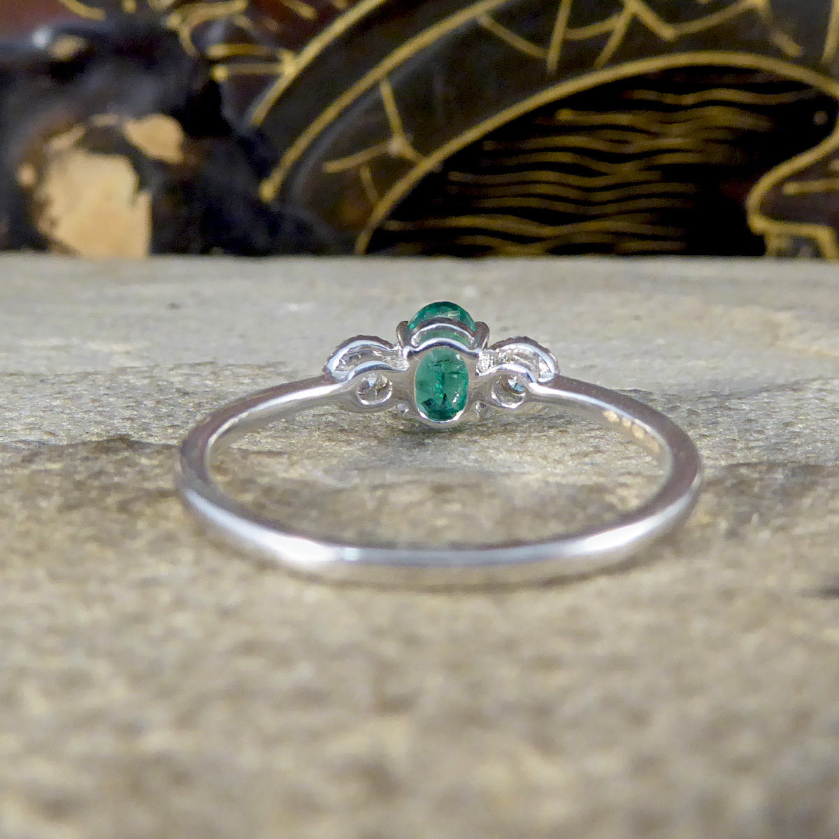 Emerald and Diamond Illusion Three Stone Ring in 18ct White Gold - Wharfedale Antiques