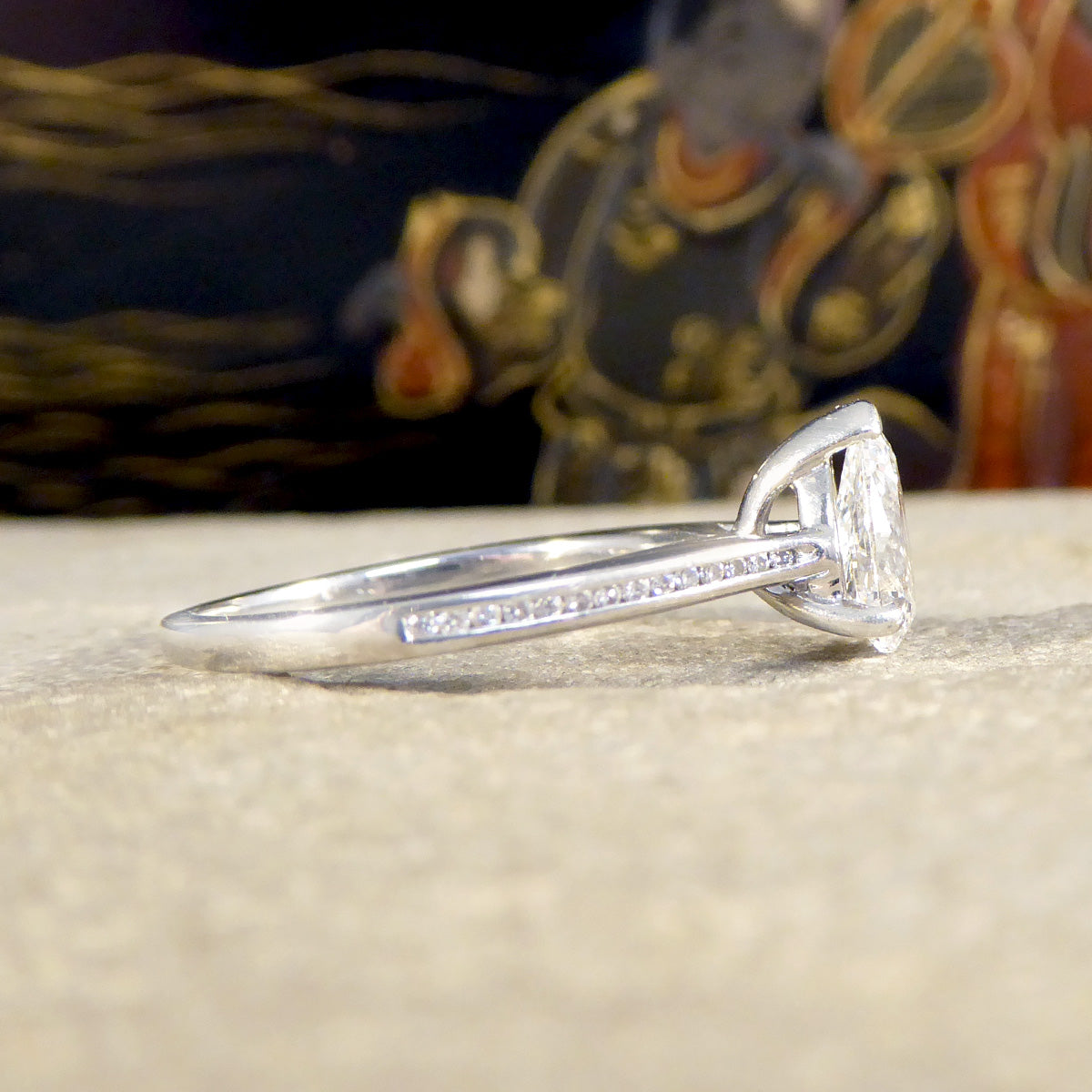 GIA Cert Pear Cut Diamond Engagement Ring with Diamond Shoulder in Platinum
