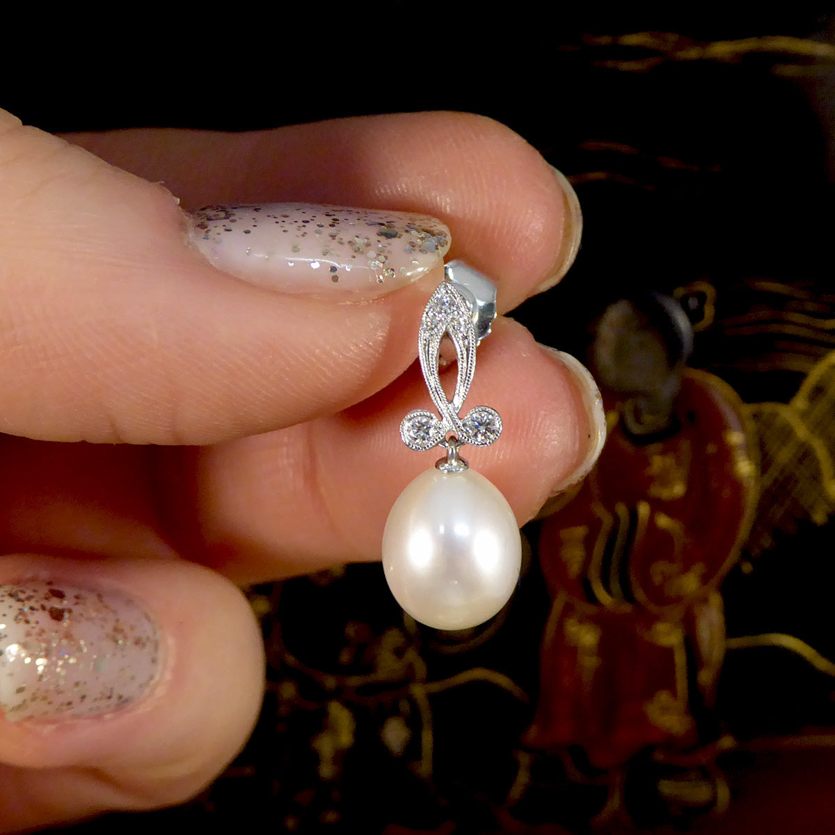 Fresh Water Cultured Pearl and Diamond Drop Earrings in 18ct White Gold - Wharfedale Antiques
