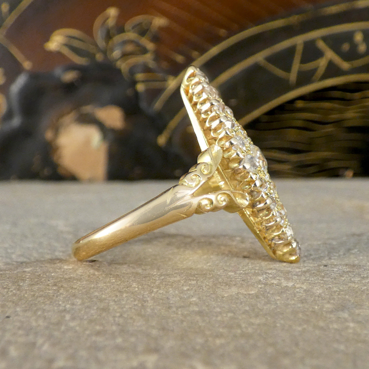 C1900 Antique Diamond Navette Marquise Cluster Ring in 18ct Yellow Gold - Wharfedale Antiques