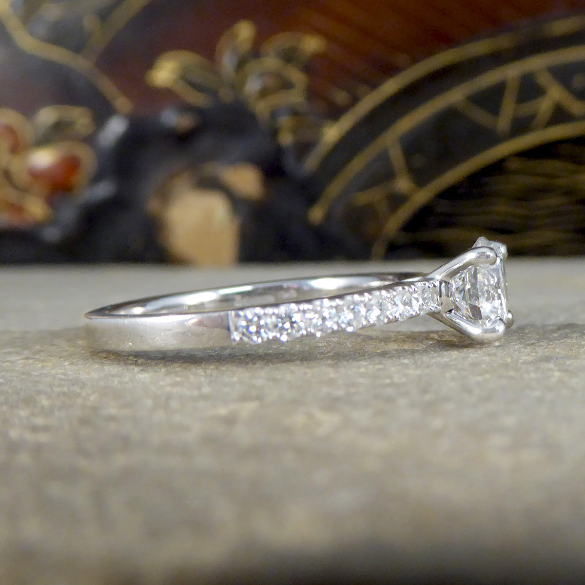GIA Cert D Colour 0.90ct Brilliant Cut Diamond Solitaire Engagement Ring with Diamond Shoulders in 18ct White Gold - Wharfedale Antiques