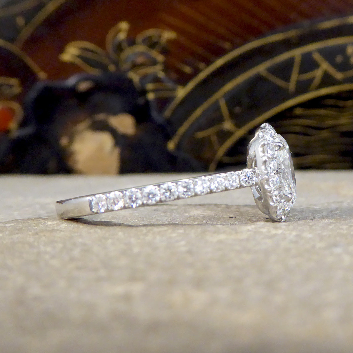 GIA D Colour Oval Cut Diamond Cluster ring with Diamond Shoulders in Platinum - Wharfedale Antiques