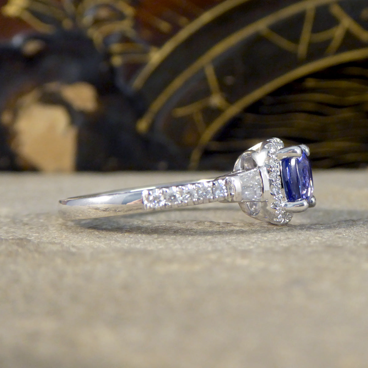 Cushion Cut Tanzanite and Diamond Cluster Ring with Tapered Baguette Shoulders in Platinum - Wharfedale Antiques