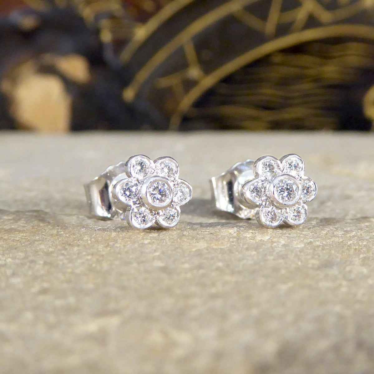 Diamond Flower Cluster Stud Earrings in 18ct White Gold - Wharfedale Antiques