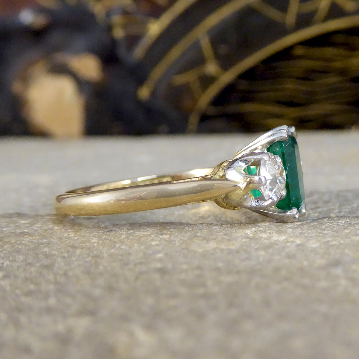 Edwardian Emerald and Diamond Trilogy Three Stone Ring in 18ct Yellow Gold and Platinum