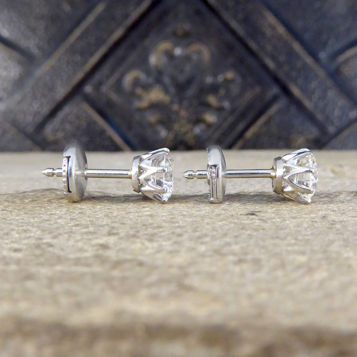 1.80ct Round Brilliant Cut Diamond Stud Earrings in Platinum - Wharfedale Antiques