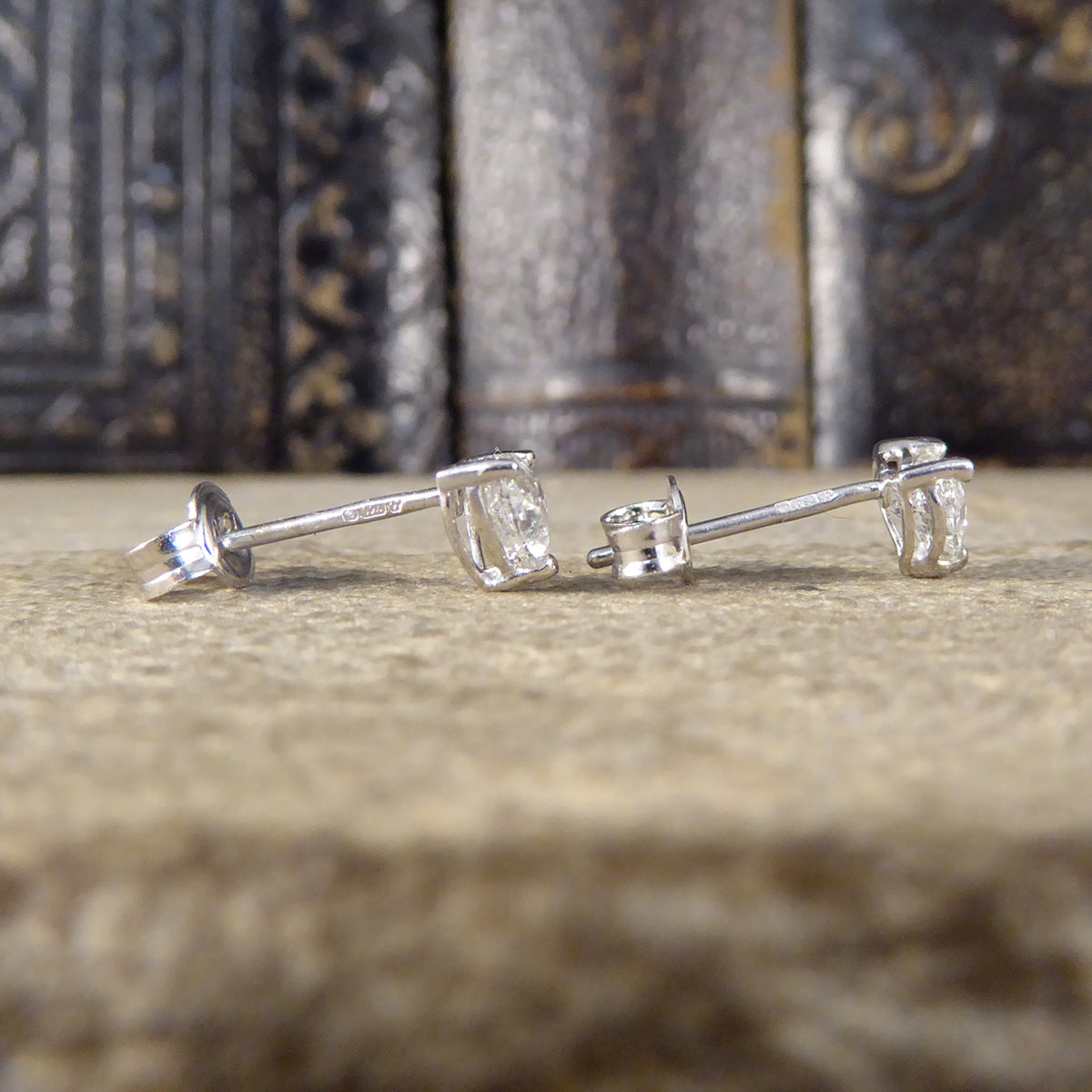 Heart Cut Diamond Earrings 0.81ct Total in Platinum Claw Set Studs - Wharfedale Antiques