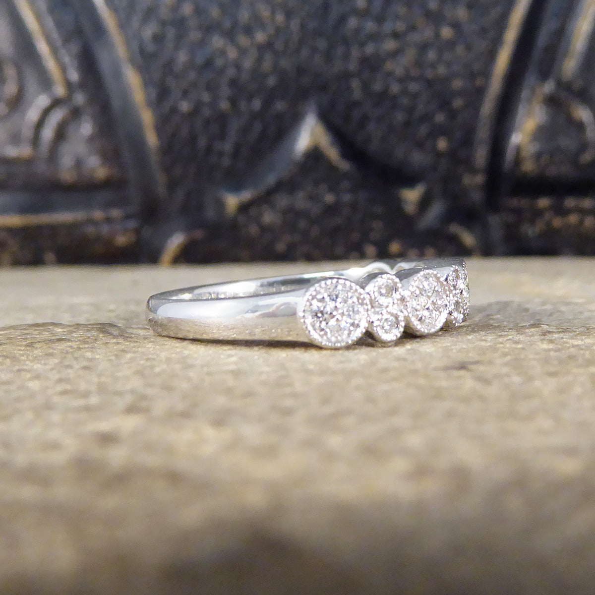 Diamond set Flat Cluster Half Eternity Ring in 18ct White Gold - Wharfedale Antiques