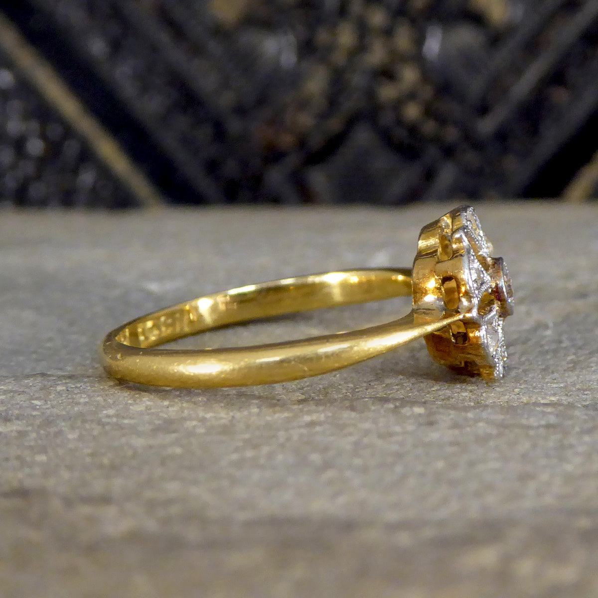 Edwardian Diamond Set Floral Ring in 18ct Yellow Gold and Platinum - Wharfedale Antiques
