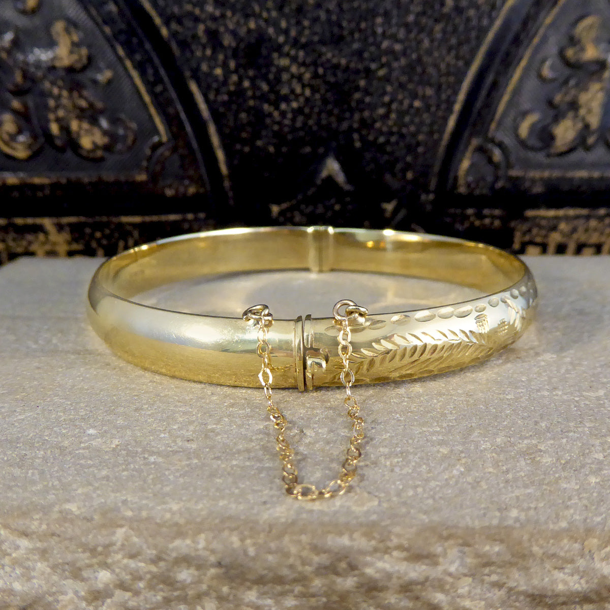 Vintage Yellow Gold Engraved Bangle with Safety Chain - Wharfedale Antiques