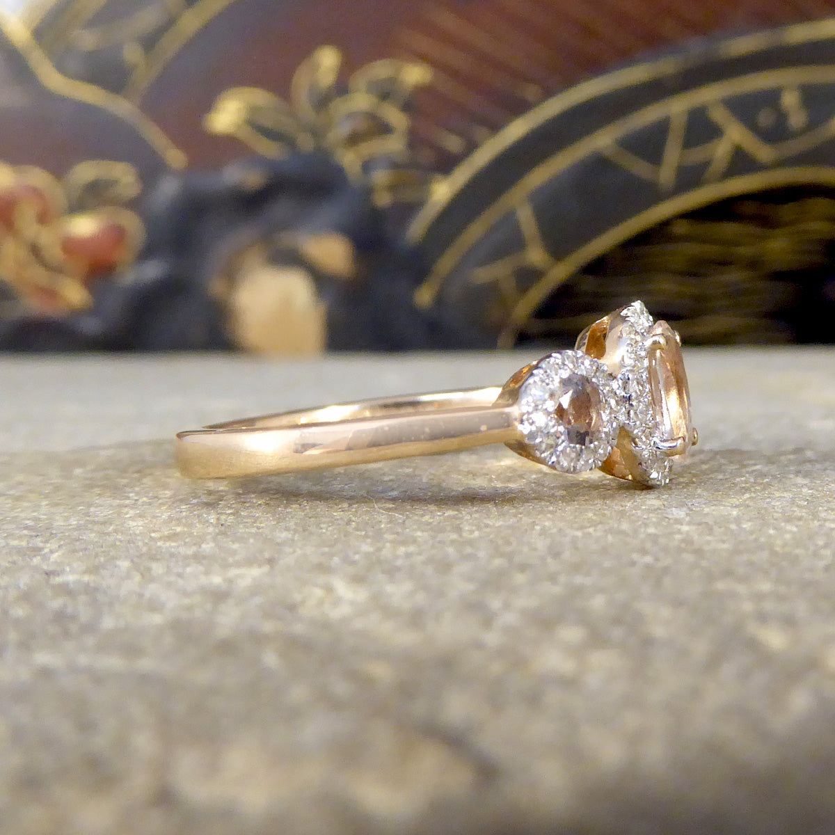 Morganite and Diamond Triple Cluster Ring in Rose Gold - Wharfedale Antiques