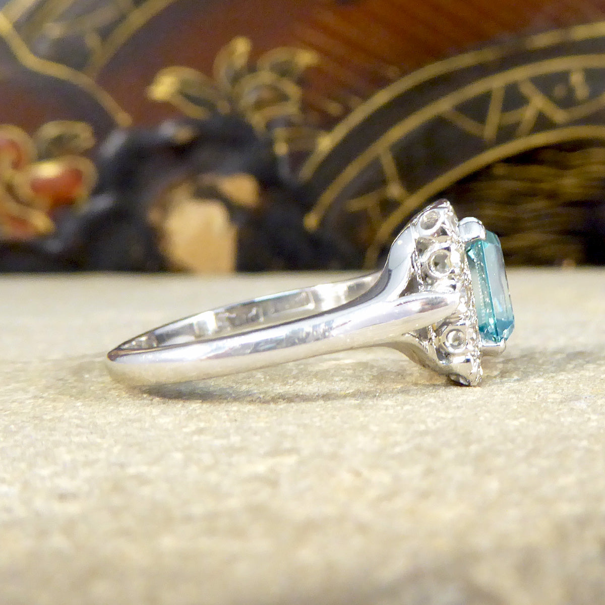 Blue Zircon and Diamond Cluster ring in 18ct White Gold and Platinum