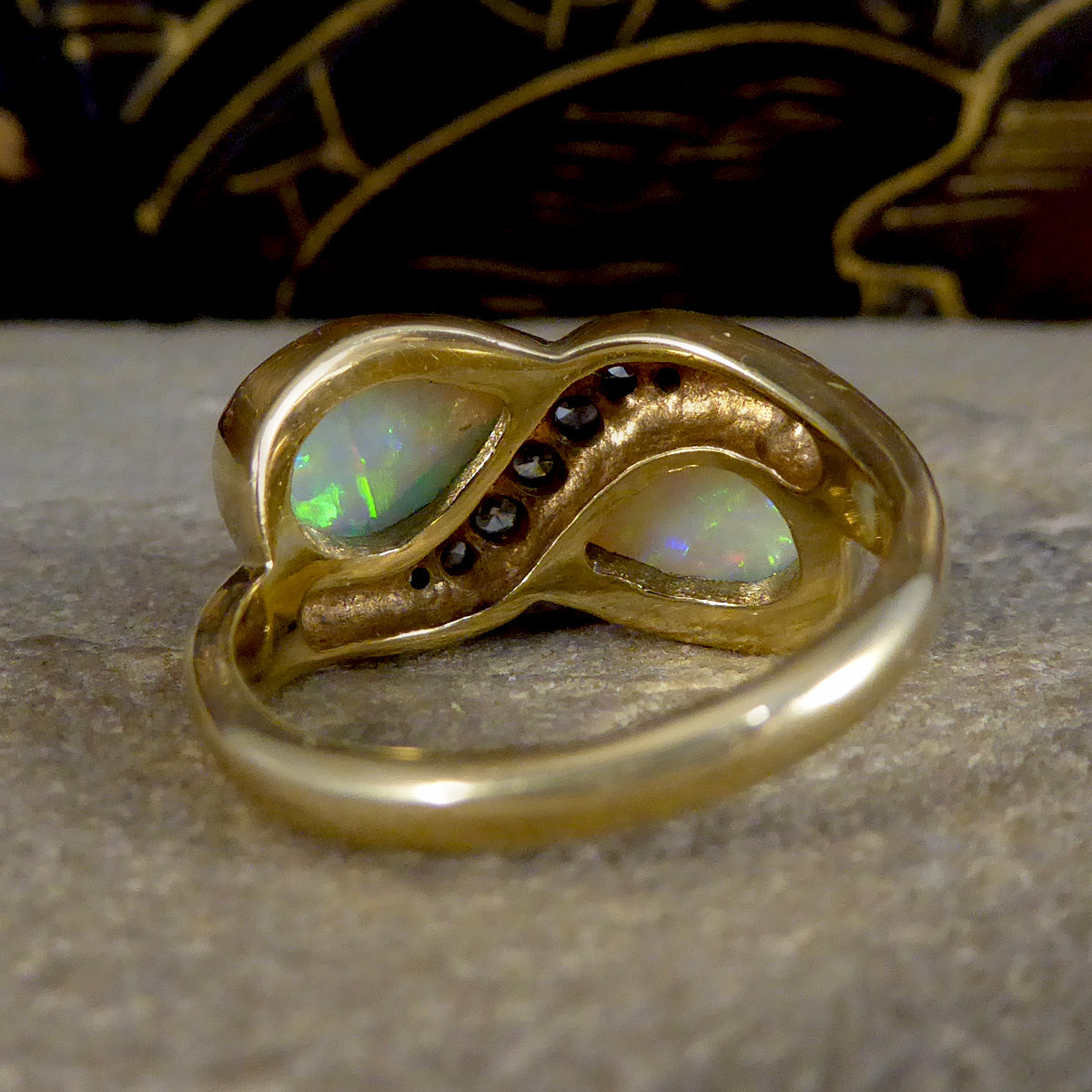 Vintage Pear Cut Opal and Diamond Toi Et Moi Style Ring in Yellow Gold - Wharfedale Antiques