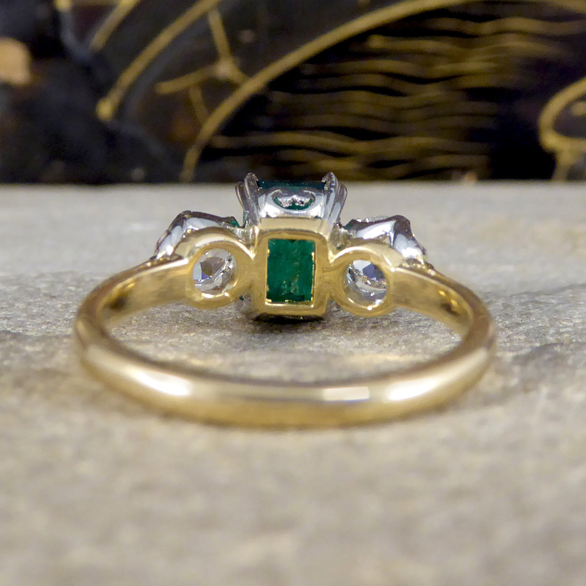 Edwardian Emerald and Diamond Trilogy Three Stone Ring in 18ct Yellow Gold and Platinum