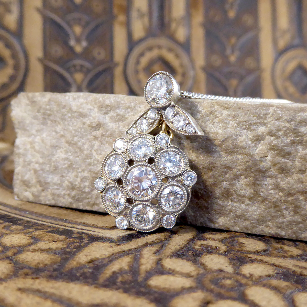 Antique Style 2.50ct Diamond Cluster Drop Pendant Necklace in Yellow Gold and Silver - Wharfedale Antiques