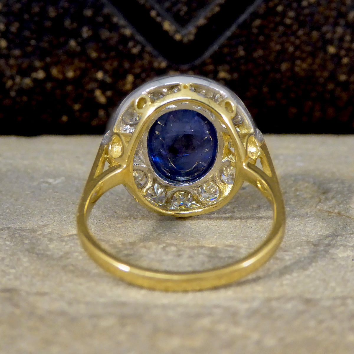 Cabochon Cut Sapphire and Diamond Cluster Ring in 18ct Gold - Wharfedale Antiques