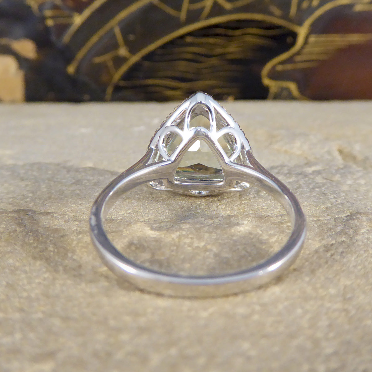 Majestic Trillion Cut Green Amethyst and Diamond Halo Dress Ring in White Gold - Wharfedale Antiques