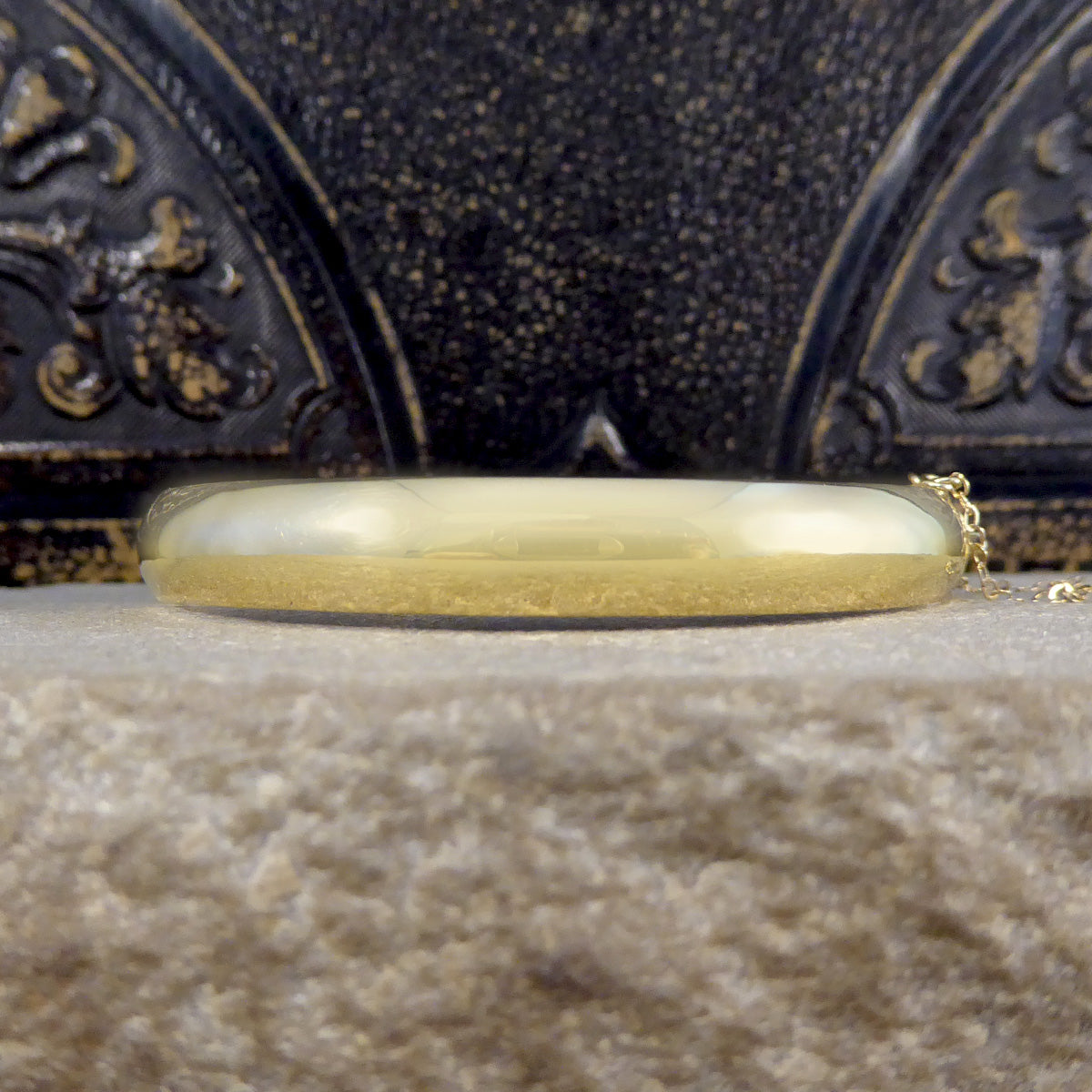 Vintage Yellow Gold Engraved Bangle with Safety Chain - Wharfedale Antiques