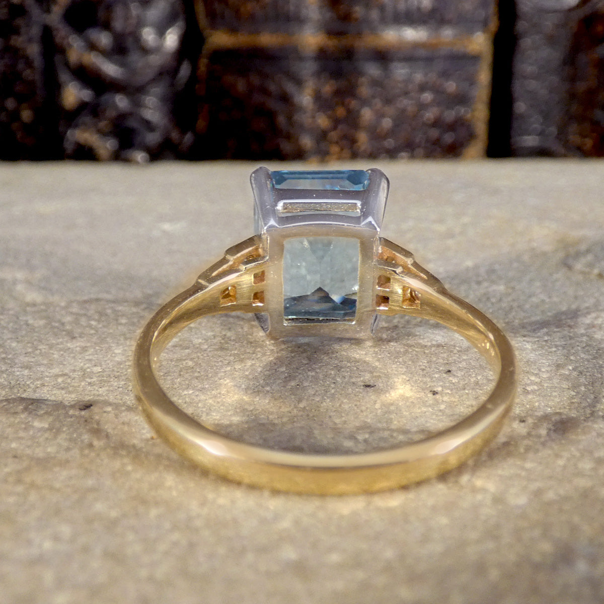 Art Deco Inspired 4.19ct Blue Topaz and Diamond Ring in White and Yellow Gold - Wharfedale Antiques