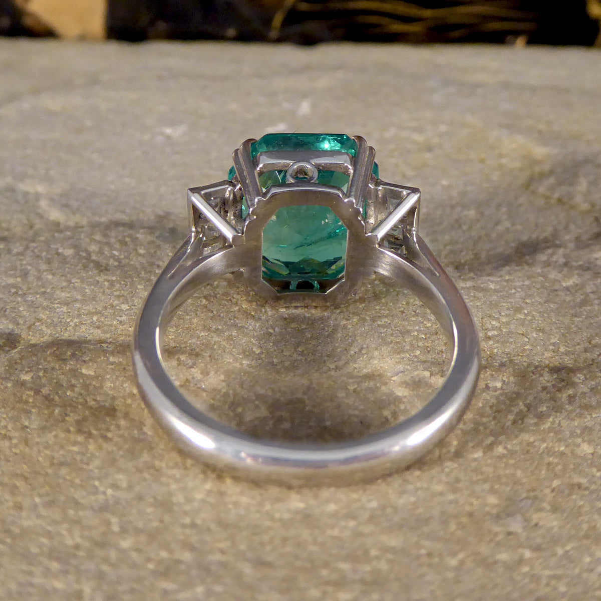 Bright 6.19ct Octagonal Cut Columbian Emerald and Diamond Ring in Platinum with Gem Cert - Wharfedale Antiques