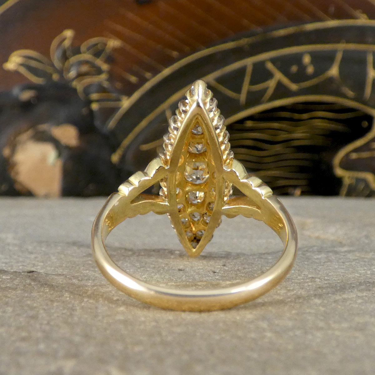 C1900 Antique Diamond Navette Marquise Cluster Ring in 18ct Yellow Gold - Wharfedale Antiques