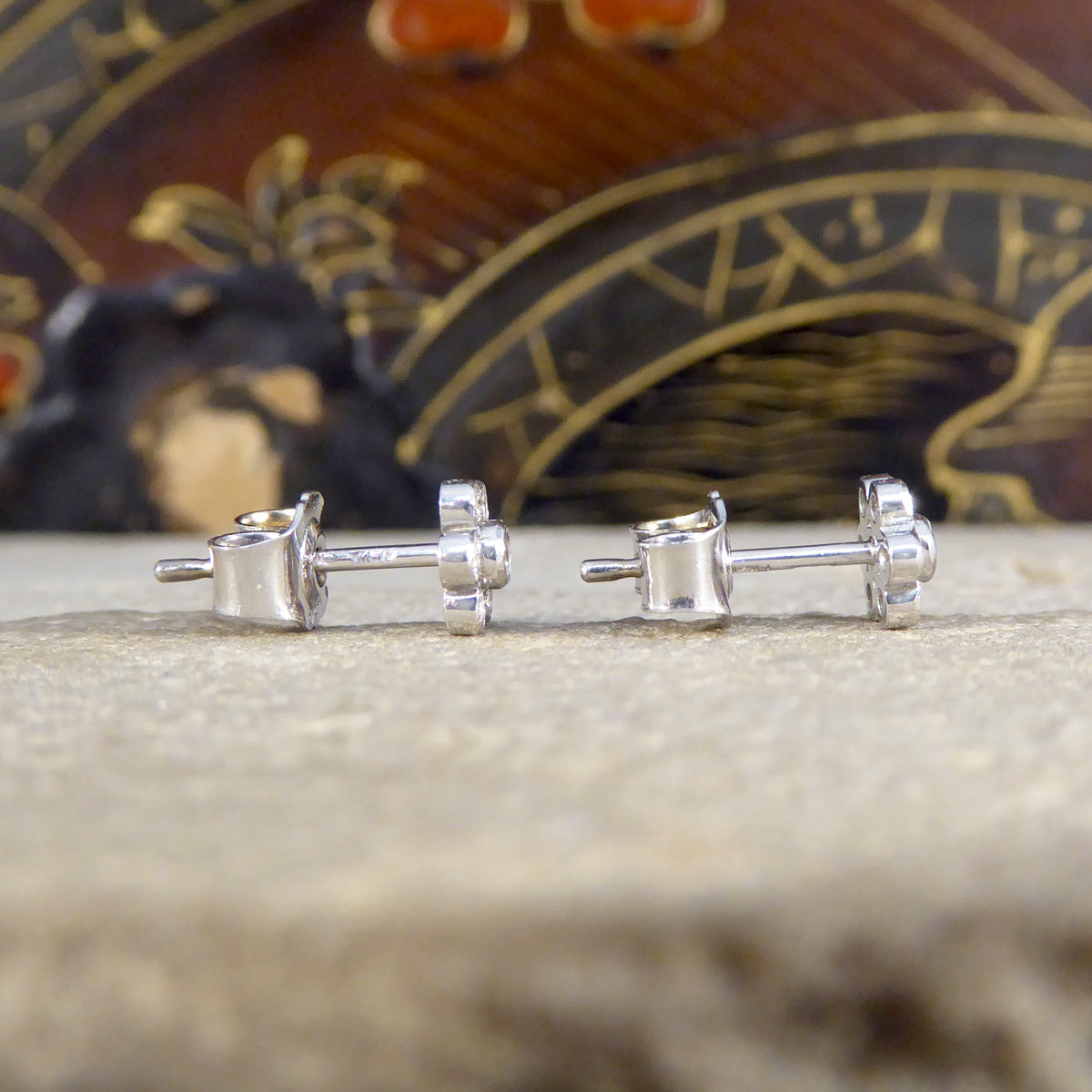 Diamond Flower Cluster Stud Earrings in 18ct White Gold - Wharfedale Antiques