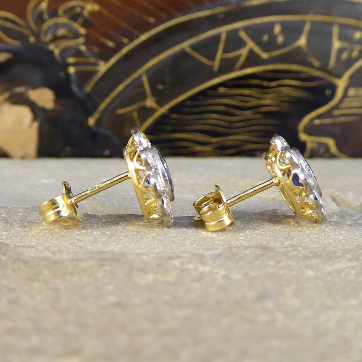 Edwardian Inspired Sapphire and Diamond Cluster Earrings in 18ct Gold - Wharfedale Antiques