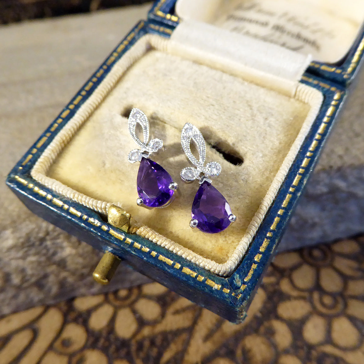 Art Deco Inspired Pear Shaped Amethyst Drop Earrings with Diamonds set in 18ct White Gold - Wharfedale Antiques