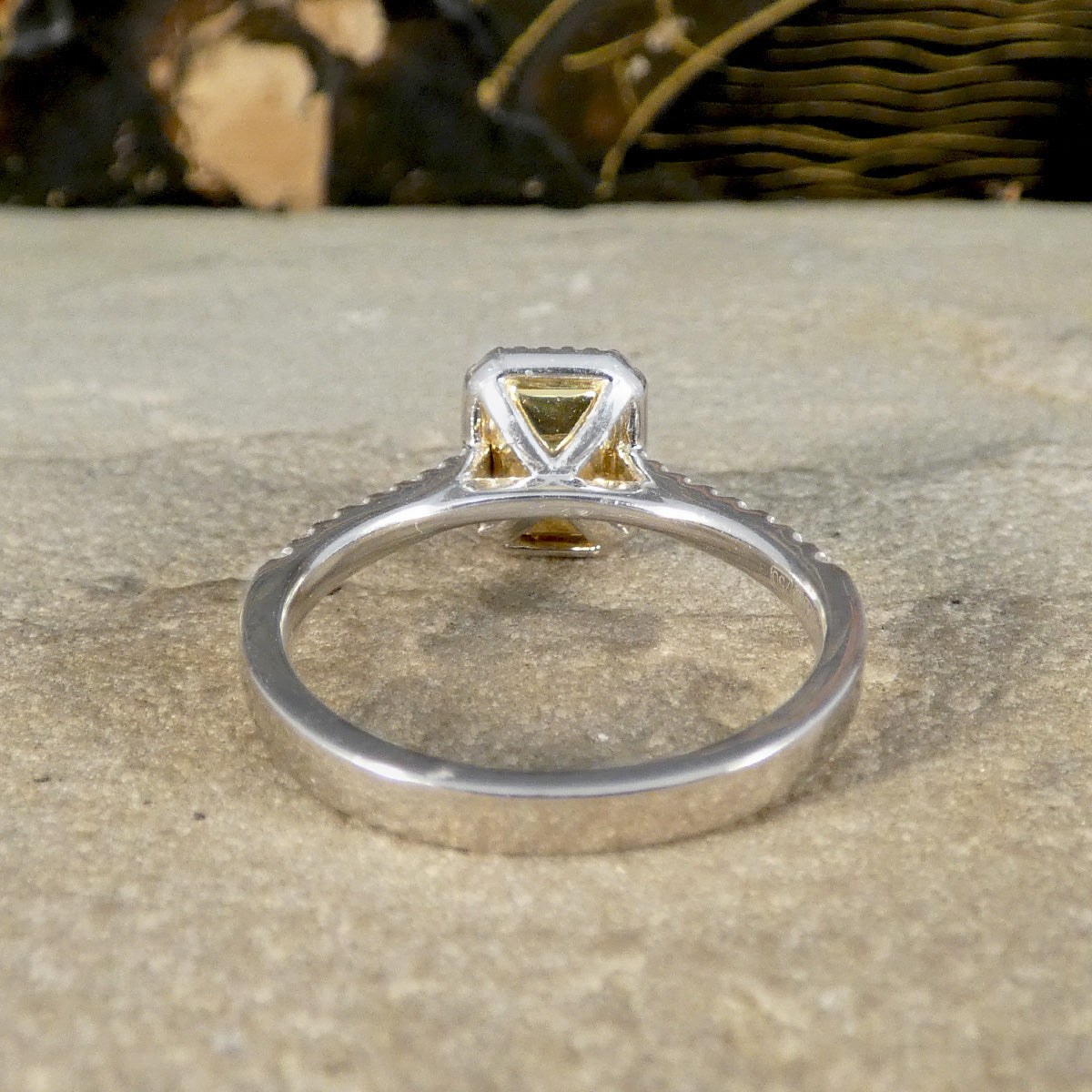 Back view of diamond cluster engagement ring with wedfit setting.