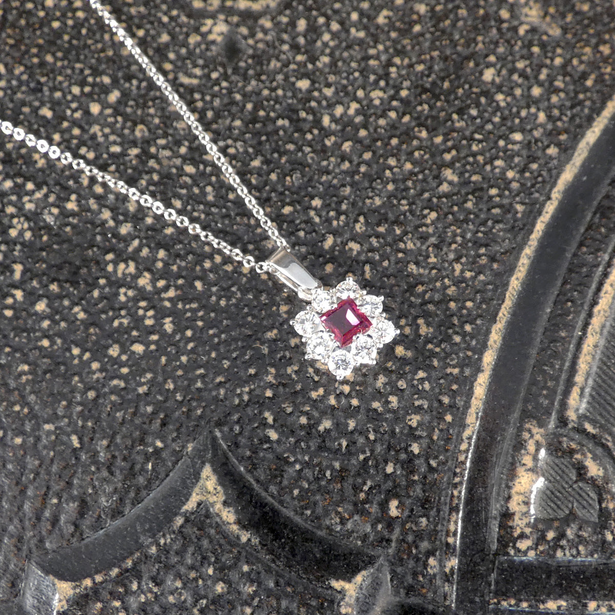 Vintage Ruby and Diamond Cluster Earrings and Necklace Set in 18ct White Gold - Wharfedale Antiques