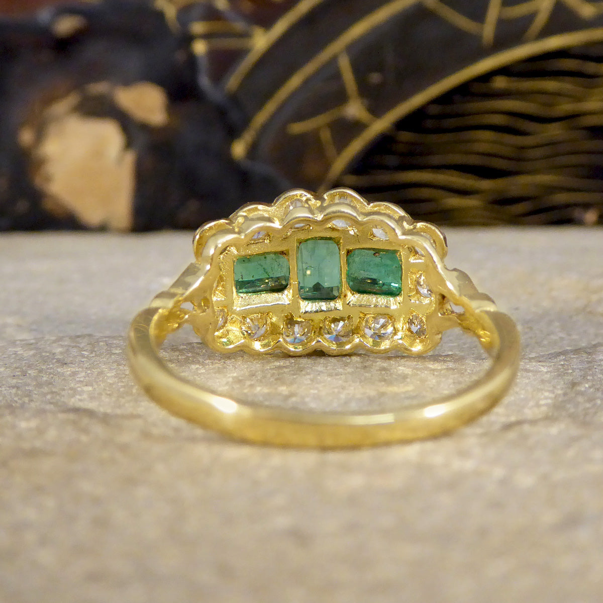 Antique Style Emerald and Diamond Boat Ring in 18ct Yellow Gold - Wharfedale Antiques