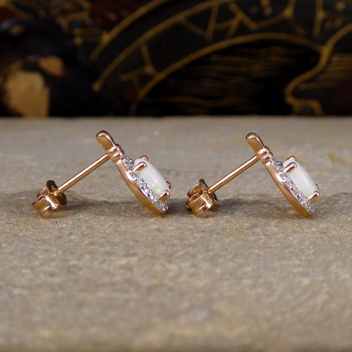 Opal and Diamond Cluster Drop Earrings in Rose Gold - Wharfedale Antiques