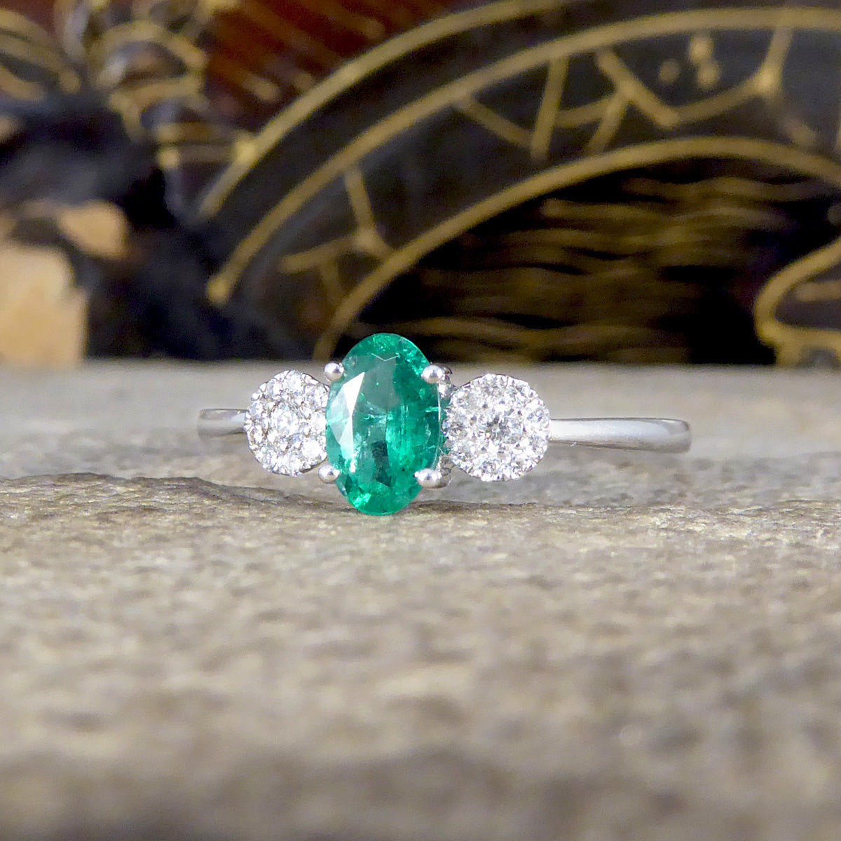 Emerald and Diamond Illusion Three Stone Ring in 18ct White Gold - Wharfedale Antiques