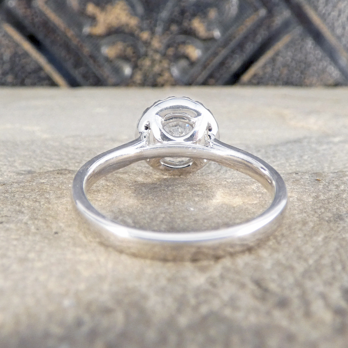 Diamond engagement ring sown from the back to see setting fully mounted in platinum.