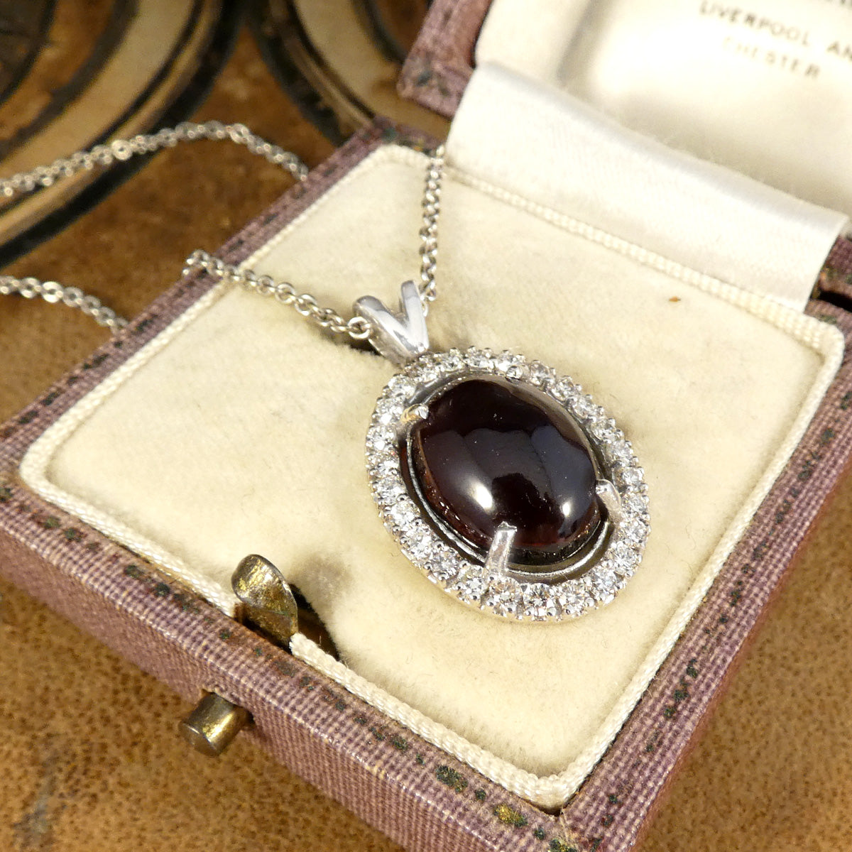 Cabochon Garnet and Diamond Halo Pendant Necklace in 18ct White Gold - Wharfedale Antiques