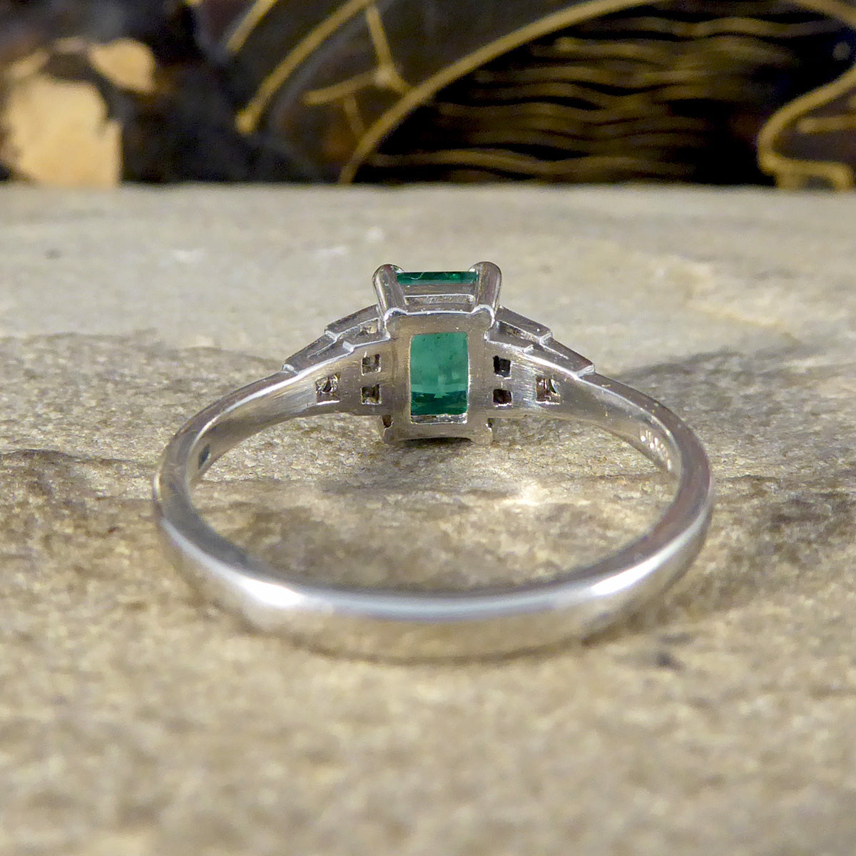 Art Deco Replica Emerald and Diamond Staged Shoulder Ring in Platinum - Wharfedale Antiques