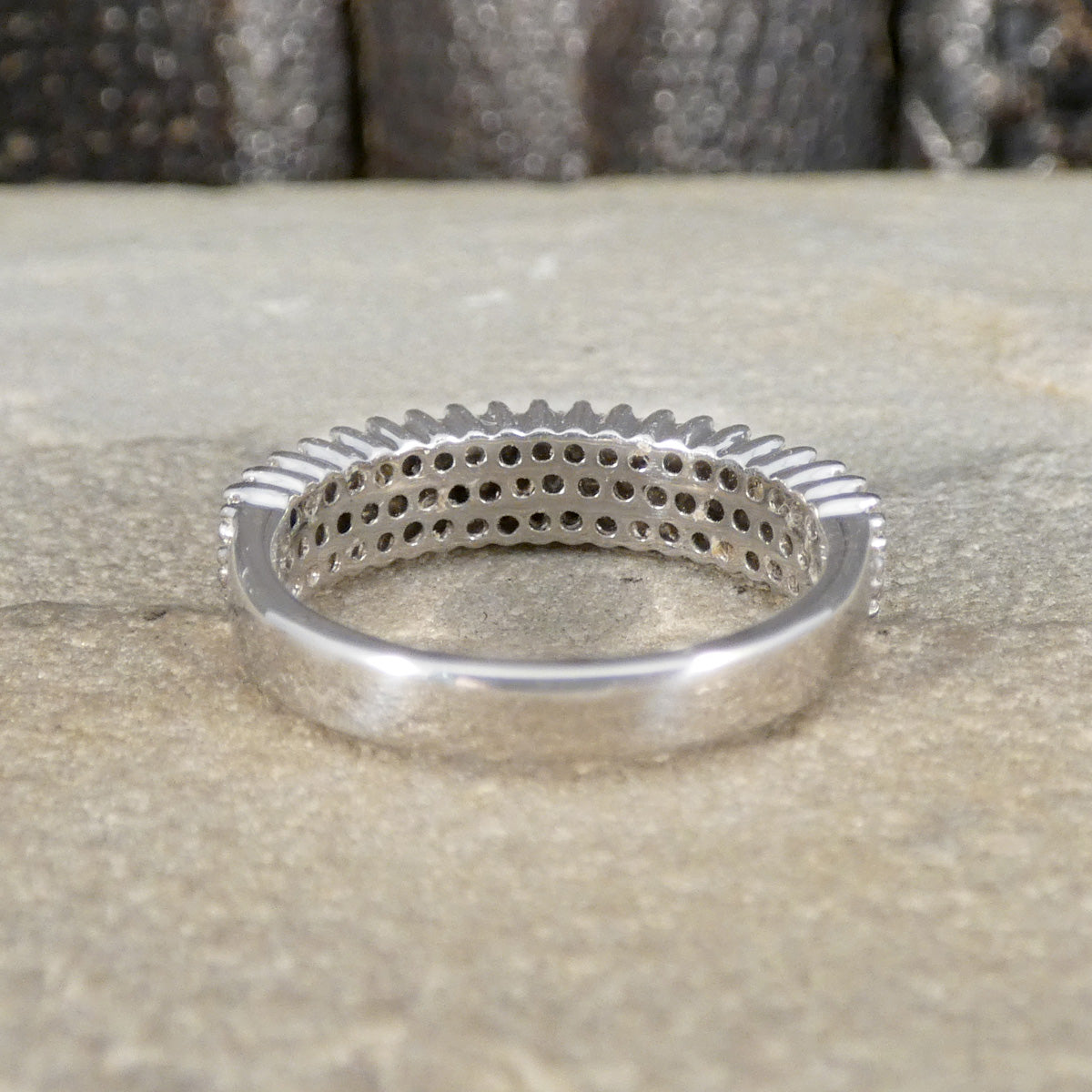 Back view of Brilliant Cut Diamond Three Row Half Eternity Ring in 18ct White Gold.