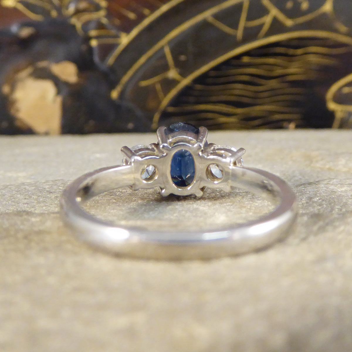 Oval Cut 1.75ct Sapphire and Diamond Three Stone Ring in Platinum - Wharfedale Antiques