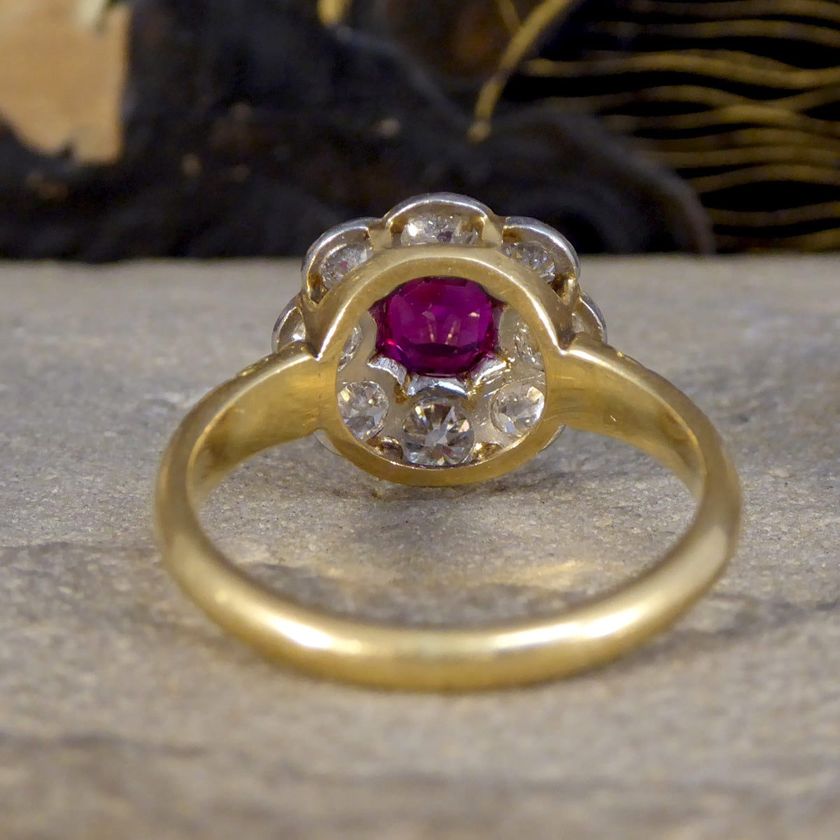 Late Victorian No Heat Burma Ruby and Diamond Cluster Ring in 18ct Yellow Gold
