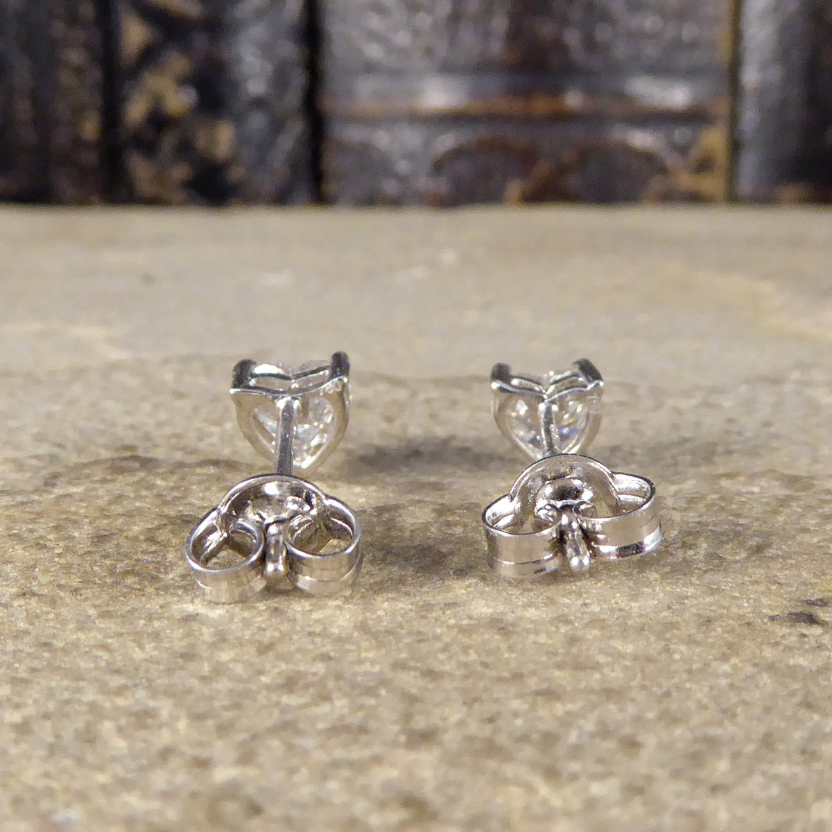 Heart Cut Diamond Earrings 0.81ct Total in Platinum Claw Set Studs - Wharfedale Antiques
