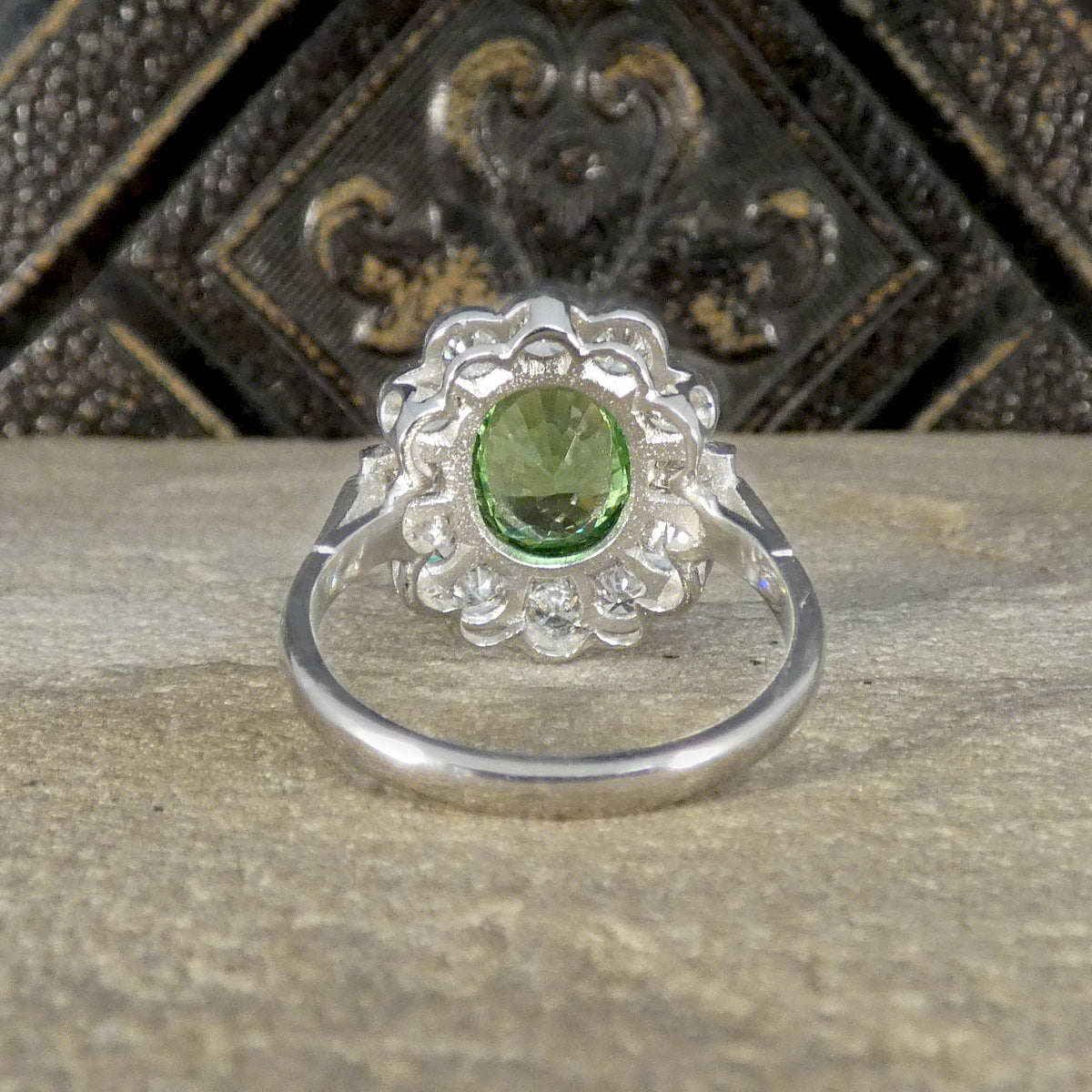 Edwardian Style 2.51ct Green Garnet and 1.20ct Diamond Cluster Ring in Platinum - Wharfedale Antiques
