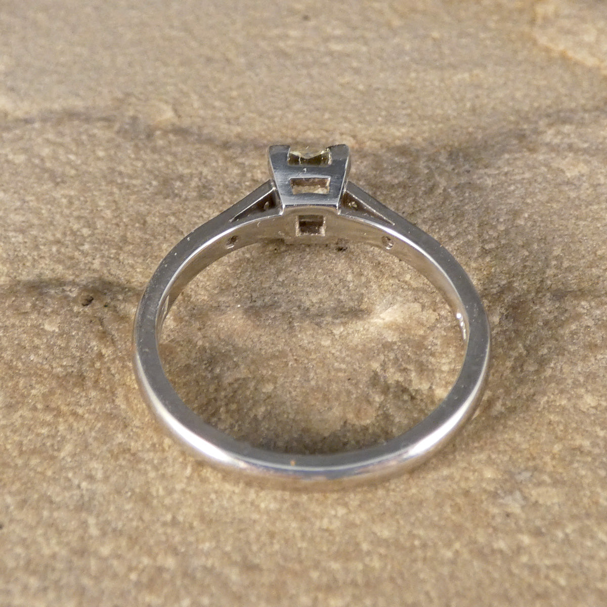 Champagne Old Cushion Cut Diamond Solitaire with Diamond set Shoulders in Platinum - Wharfedale Antiques