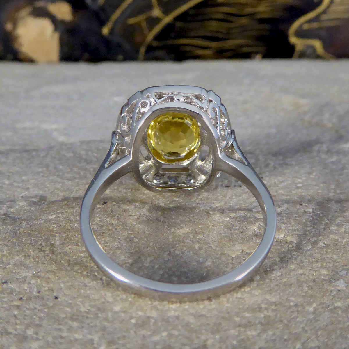 Art Deco Inspired Yellow Sapphire and Diamond Sunshine Cluster Ring in Platinum - Wharfedale Antiques