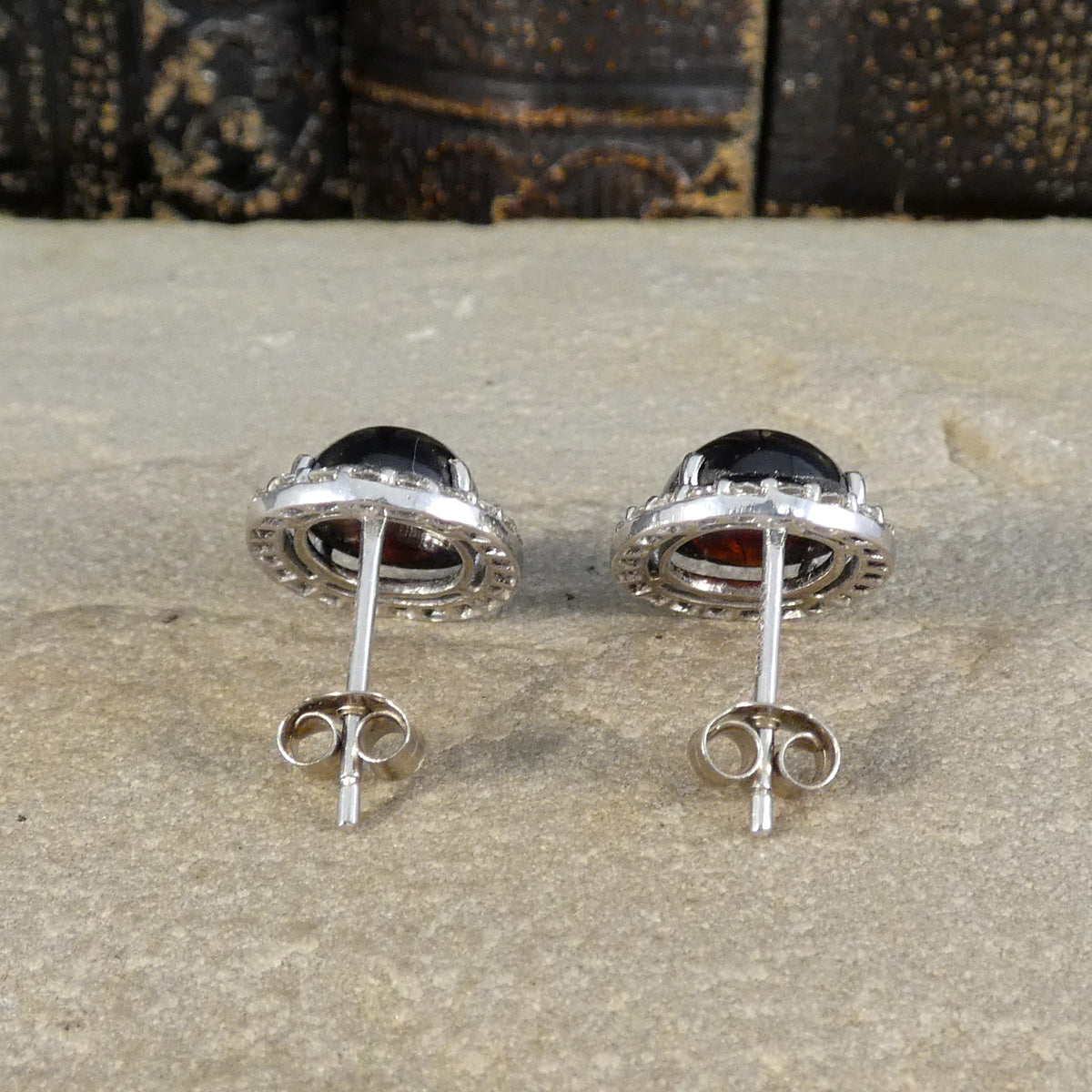 Cabochon Garnet and Diamond Halo Stud Earrings in 18ct White Gold - Wharfedale Antiques