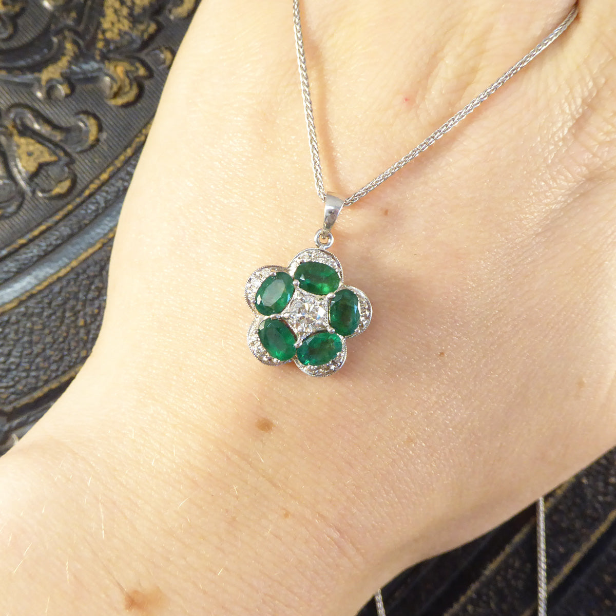Emerald and Diamond Flower Cluster Pendant in 14ct White Gold with 18ct White Gold Chain Necklace - Wharfedale Antiques