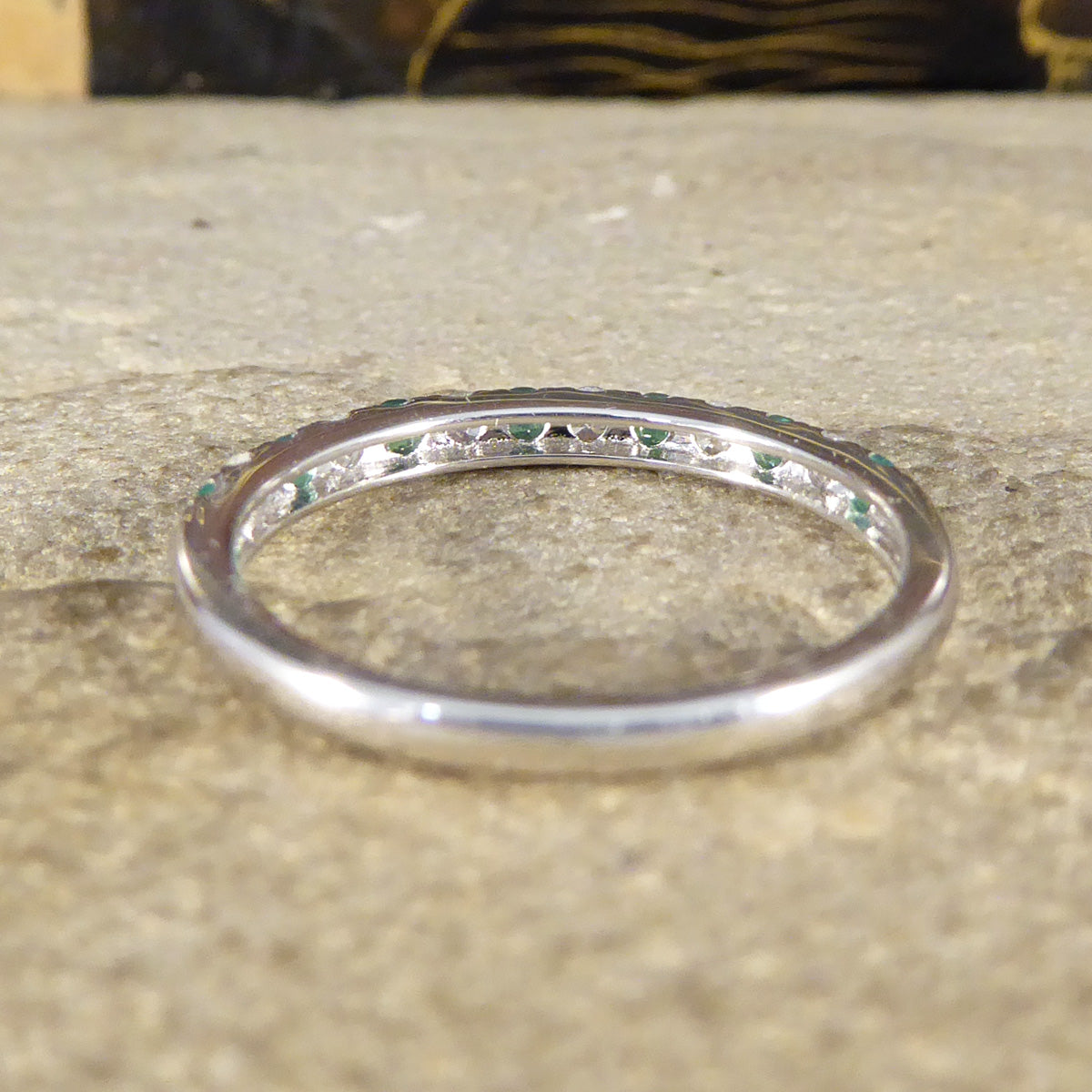 Emerald and Diamond Half Eternity Ring in White Gold - Wharfedale Antiques