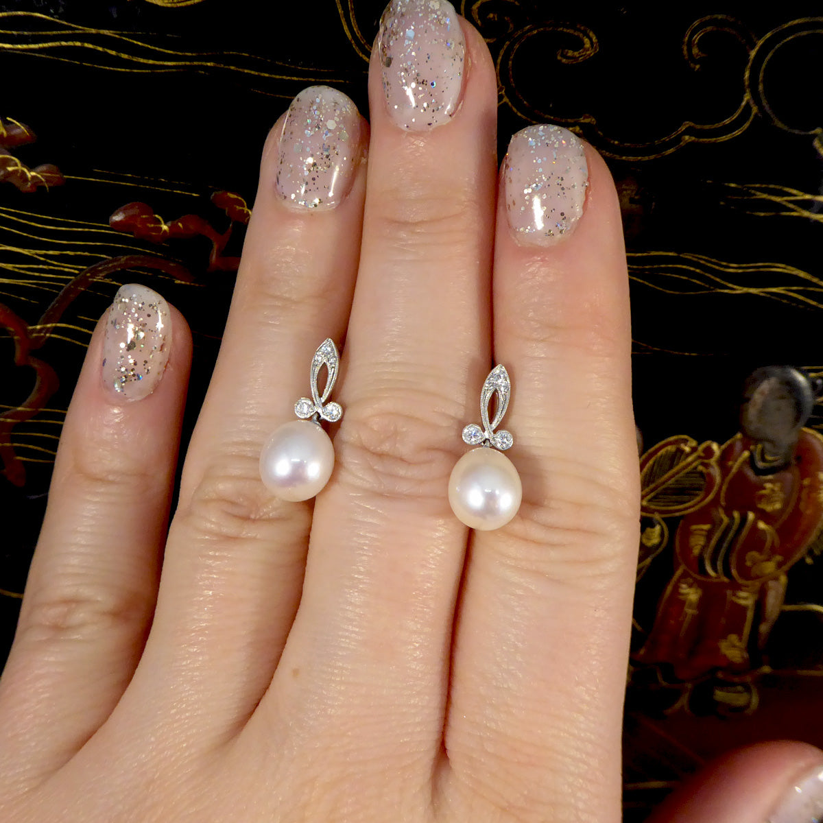 Fresh Water Cultured Pearl and Diamond Drop Earrings in 18ct White Gold - Wharfedale Antiques