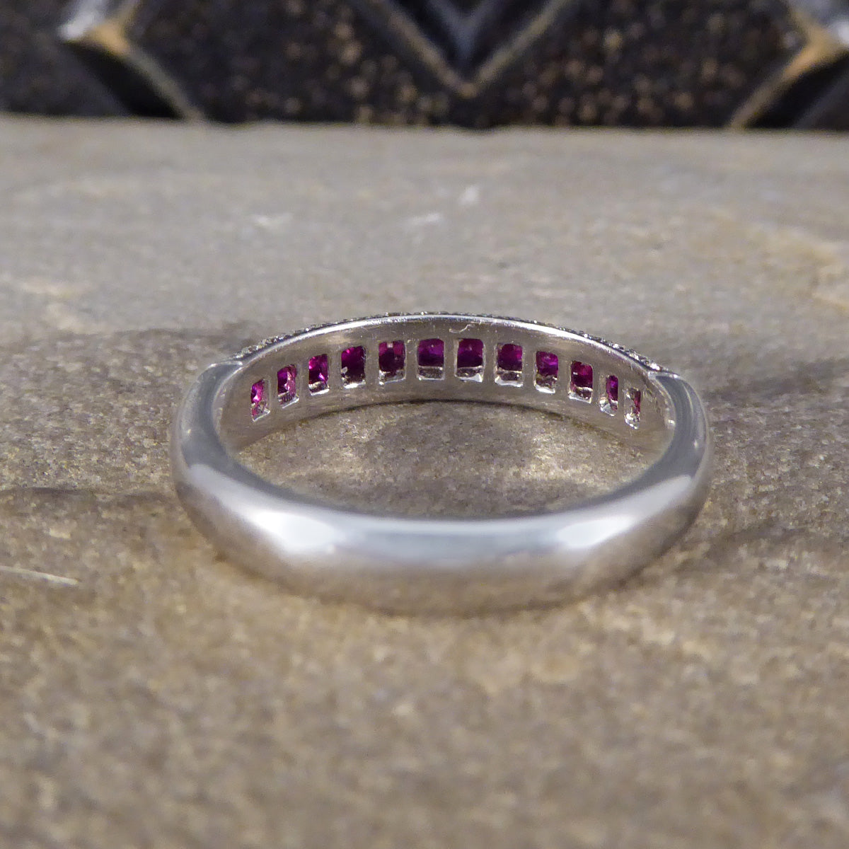 Ruby and Diamond Half Eternity Domed Ring in 18ct White Gold - Wharfedale Antiques